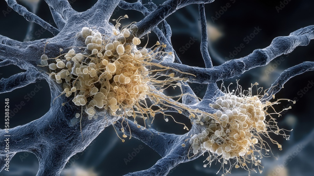 Poster magnified electron microscope closeup showcasing a detailed view of clustered synapses highlighting 