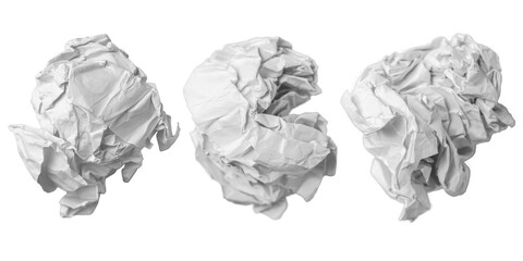 Set of crumpled white paper balls isolated on a white background. Screwed up paper