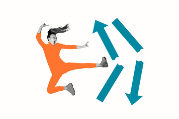 3D photo collage template trend artwork sketch of young lady jump legs kick punch karate broken...