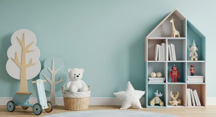 Cozy children's room with pastel walls, playful decor, and a variety of toys in a bright setting