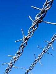 Close-up of twisted barbed wire strands against a clear blue sky, symbolizing boundaries, security, or confinement with strong visual contrast