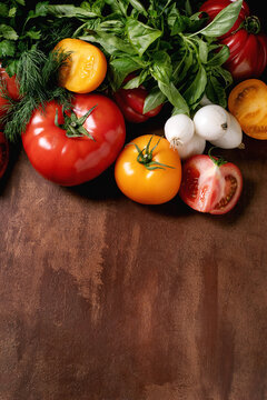 Fresh Vegetables Tomatoes Herbs Wooden Background