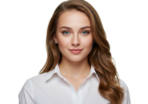 A beautiful brunette woman with long hair is posing in a white shirt isolated on transparent background