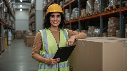 Standing worker wearing yellow helmet, safety vest holding clipboard on box in aisle under lights