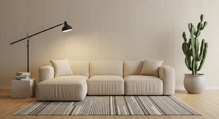 Modern living room featuring a cozy beige sofa, stylish lamp, and a tall green plant in a serene setting