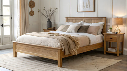 Elegant Bedroom with Wooden Bed Frame, Nightstand, and Neutral Tones for a Relaxing Ambiance