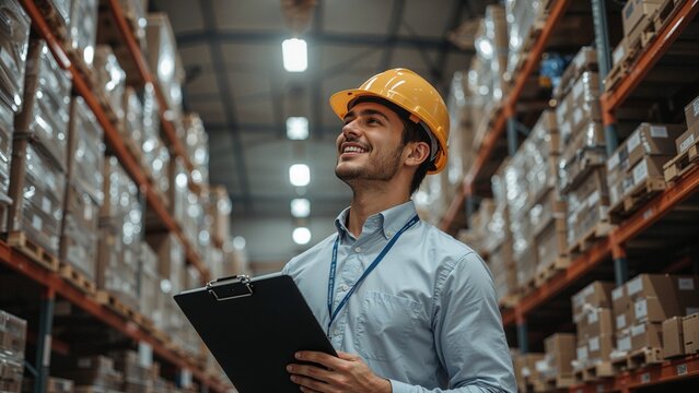 Inspecting warehouse supervisor wearing hard hat holding black clipboard scanning racks boxes