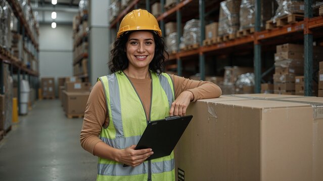 Standing worker wearing yellow helmet, safety vest holding clipboard on box in aisle under lights
