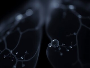 Obraz premium Abstract vascular network with shining liquid droplet, dark background