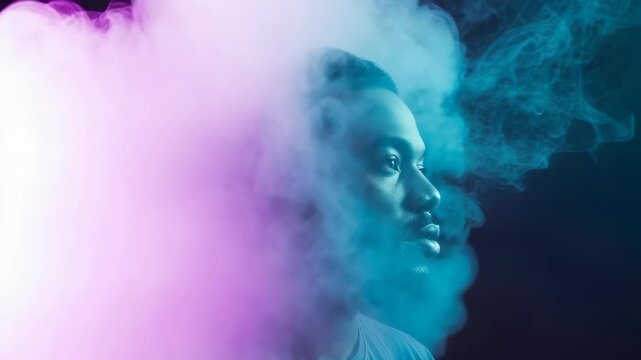 Young man with braided hair surrounded by colorful smoke clouds