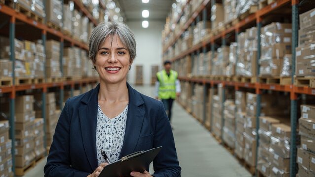 Standing female supervisor holding clipboard and pen in storage aisle, with shelving, vested worker - Powered by Adobe