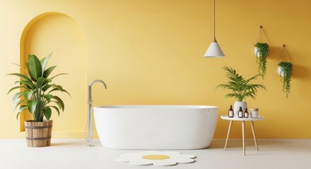 Fototapeta premium Modern bathroom with a freestanding tub, yellow walls, potted plants, and a stylish decor setup