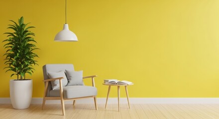 Fototapeta premium Cozy living space featuring a modern chair and table against a vibrant yellow wall with greenery