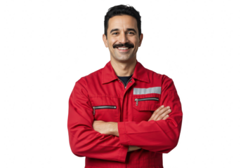 A mechanic in a red uniform with arms crossed isolated on transparent background is smiling confidently