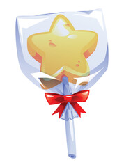 Yellow star-shaped lollipop in clear wrapper with red bow, a festive treat for celebrations. Vector cartoon illustration