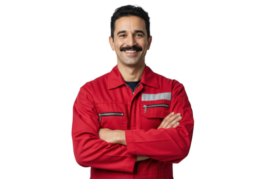 A mechanic in a red uniform with arms crossed isolated on transparent background is smiling confidently