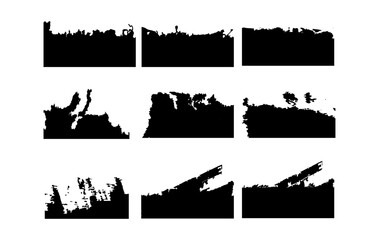Fototapeta premium A collection of nine black abstract grunge edge borders with rough, distressed textures. These horizontal brush stroke overlays simulate ripped paper, scratchy edges, and damaged textures.