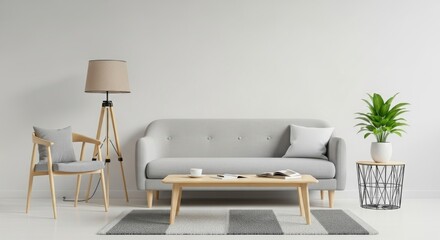 Modern living room featuring a gray sofa, stylish lamp, and decorative plant against a minimalist backdrop