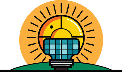 An illustration of solar panels on a rooftop, often accompanied by elements like sun rays or a house, symbolizing renewable energy and sustainability