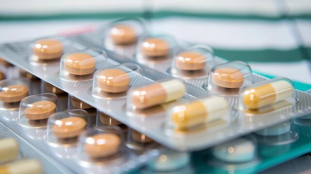 Pills and capsules in vibrant blister packs showcase diverse shapes and colors, emphasizing importance of medication and health