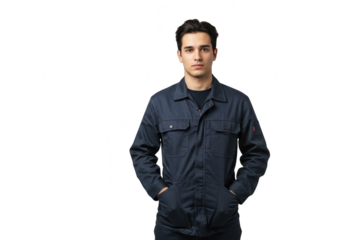 Young man in blue uniform jacket with hands in pockets isolated on transparent background