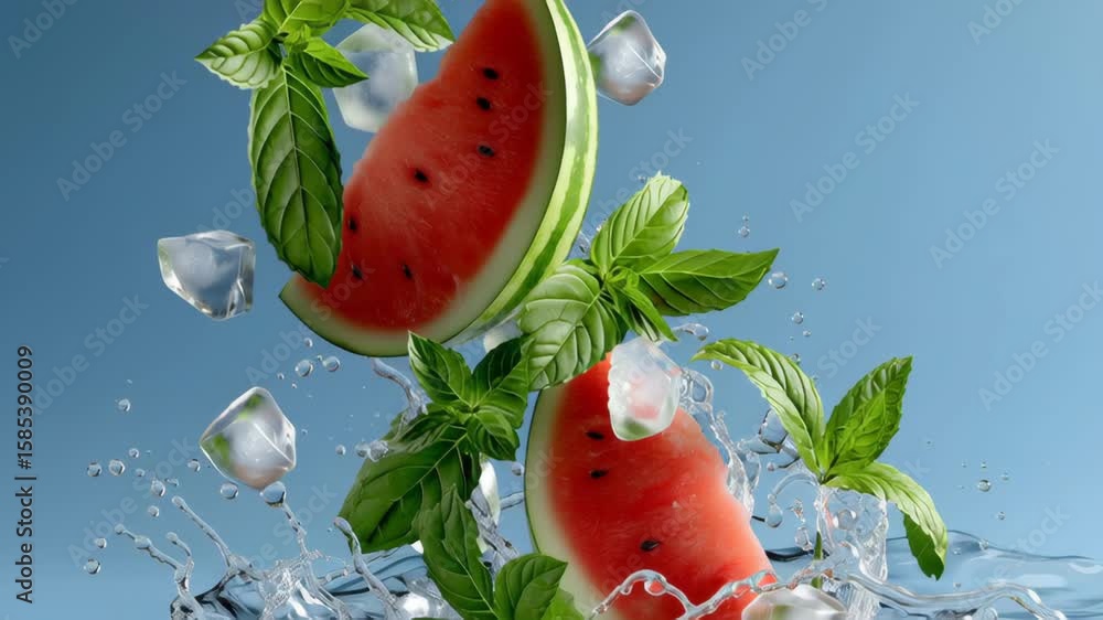 Aufkleber fresh watermelon slices splashing in water with mint leaves and ice cubes, creating a refreshing sum