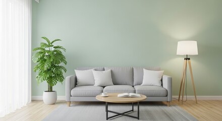 Modern living room with a gray sofa, decorative pillows, a wooden coffee table, and a green plant