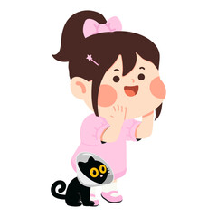 Illustration of Girl with Cat Wearing Cone
