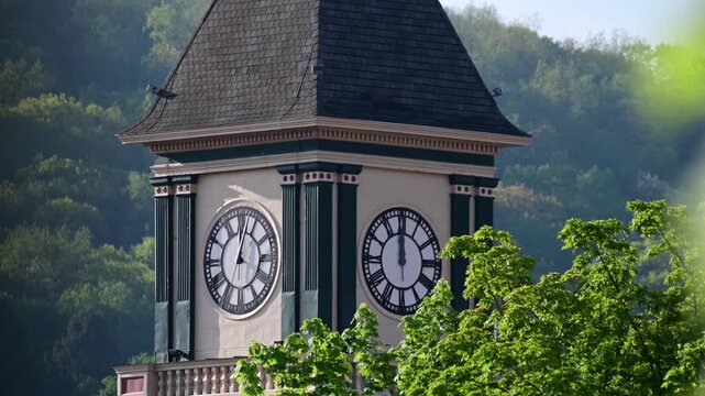 spring morning selective focus, close up on clock tower