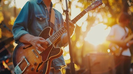 Obraz premium Snapshot of young man playing guitar with friends attend a live music event concert in a park