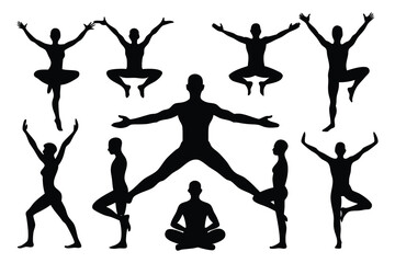 Yoga Pose Silhouette Collection – 12 Realistic Male and Female Figures in Balanced Flow Positions.