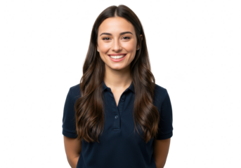 A beautiful young brunette woman with a bright smile wearing a blue polo shirt is isolated on transparent background
