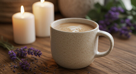 Cozy aromatherapy setup with warm beige mug of delicious coffee, burning candles, and fragrant lavender on wooden surface, relaxation and self-care concept