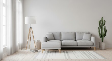 Modern living room featuring a stylish gray couch, bright natural light, and a decorative cactus