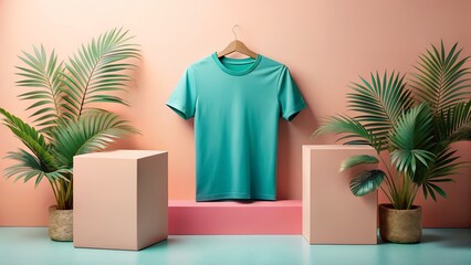 Teal T-Shirt Mockup: Minimalist Summer Fashion Branding, Pastel Background, Tropical Plants