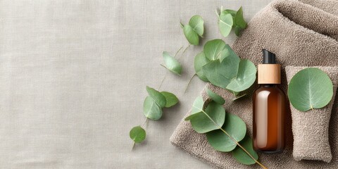 Cosmetic bottles with eucalyptus flowers towels and linen on pastel background top view flat lay natural organic skincare and spa concept perfect for beauty product branding body care wellness design