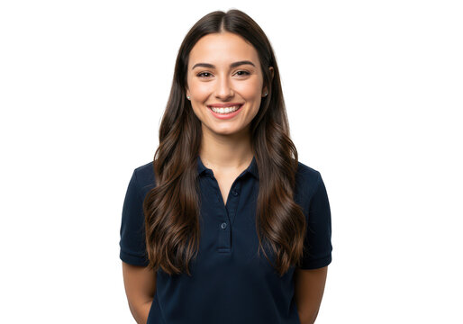 A beautiful young brunette woman with a bright smile wearing a blue polo shirt is isolated on transparent background