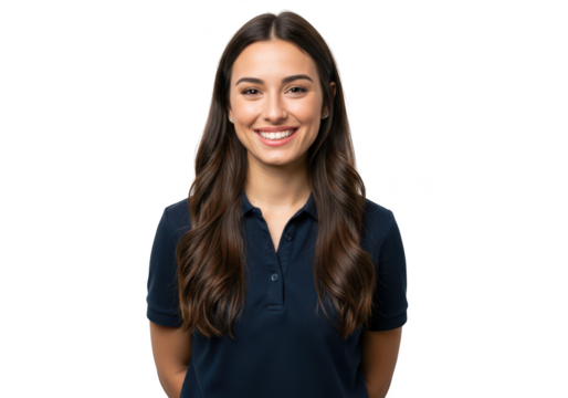 A beautiful young brunette woman with a bright smile wearing a blue polo shirt is isolated on transparent background