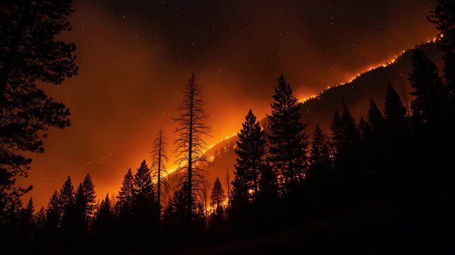 Forest Fire Illuminates Trees Against Dark Night Sky