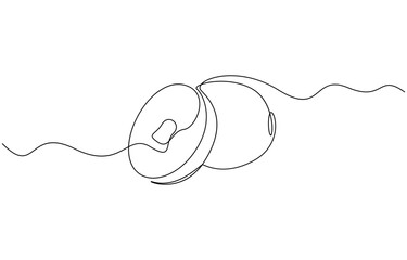 Kiwi fruit whole and a half in continuous line art drawing style, Continuous line drawing of kiwi. Minimalist design for kiwi fruit and refreshment themes.