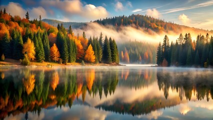 Serene Autumn Sunrise: Misty Lake Reflecting Colorful Forest, Breathtaking Scenery