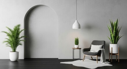 Modern minimalist living room featuring stylish furniture, indoor plants, and soft lighting ambiance