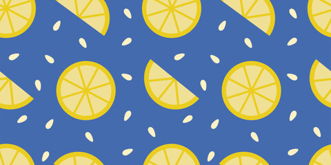 Playful citrus pattern with lemons and scattered white seeds on a vibrant blue base. Perfect for fun prints, fabric, kitchen towels, wrapping paper, and fresh food design themes