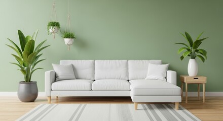 Modern living room featuring a white couch, green walls, decorative plants, and minimalistic decor