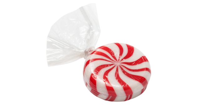 Wrapped Peppermint Candy Red and White Swirled Round Sweet in Clear Plastic Wrapper with Twisted Seal Isolated on Transparent Background