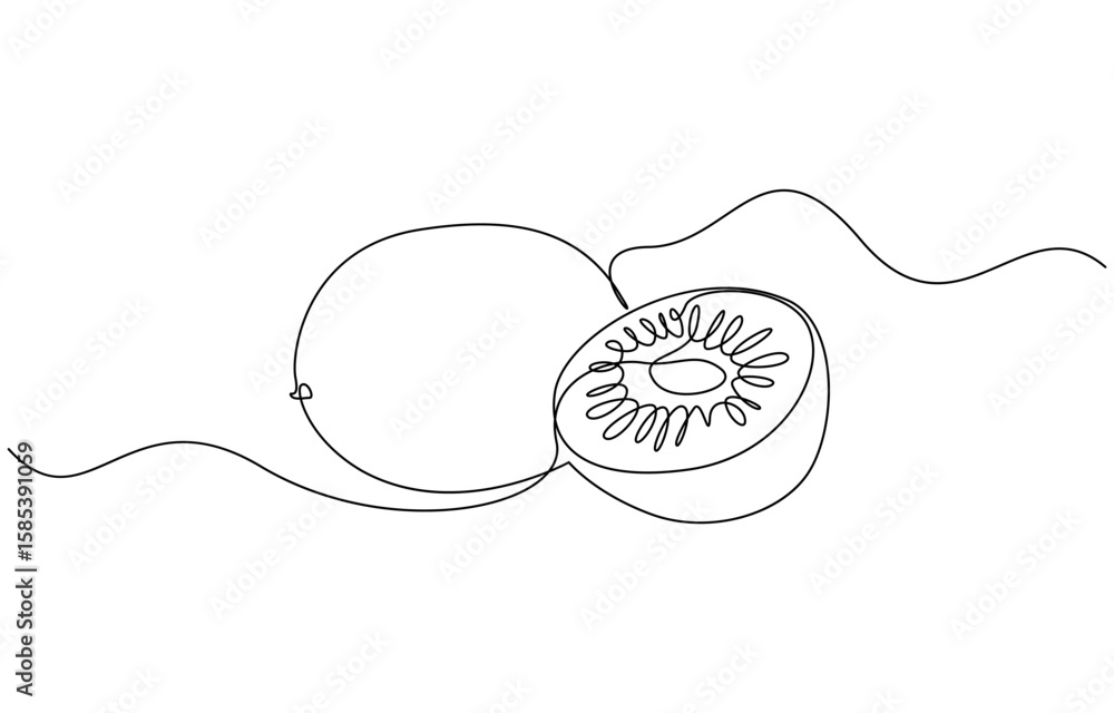 Poster kiwi fruit whole and a half in continuous line art drawing style, continuous line drawing of kiwi. m