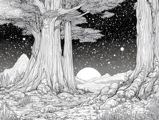 Night Forest in the Mountains: A monochrome illustration showcases a mesmerizing night scene of a forest with a giant tree, mountainous backdrop under a starry sky.