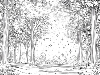 Mystical Forest Dreamscape: An intricate, hand-drawn illustration depicts a captivating forest scene, adorned with towering trees and enchanting stars.
