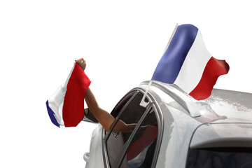 Fan with French flag celebrating in car on transparent background