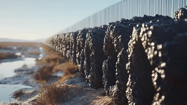 Parallel lines of dark, textured forms and a towering, reflective wall define a vast vista.